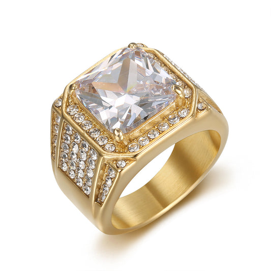Planderful Titanium Steel Ring Gold Plated Zircon Inlay Luxury Unisex Hip Hop Statement