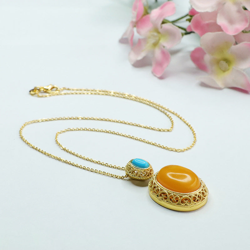 Golden Lace Edge Beeswax Amber Necklace with Sterling Silver Charm