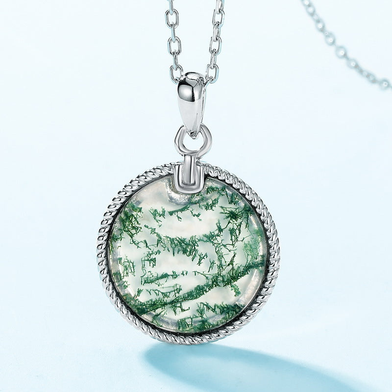 S925 Sterling Silver Moss Agate Round Pendant Necklace