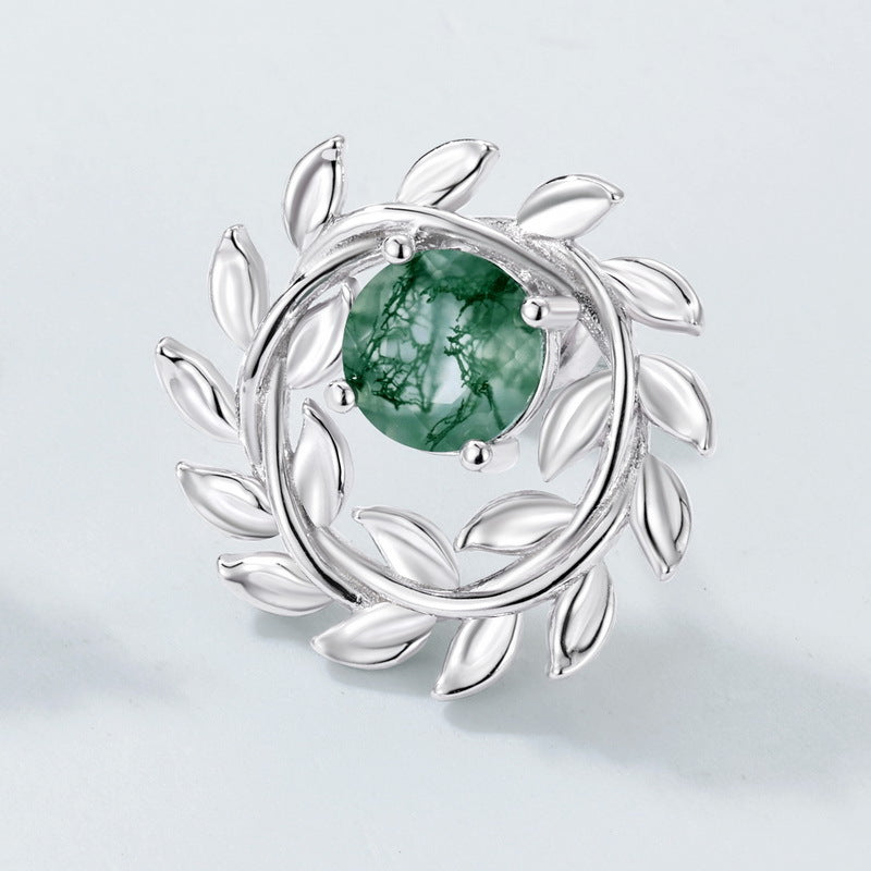 S925 Sterling Silver Moss Agate Olive Branch Stud Earrings