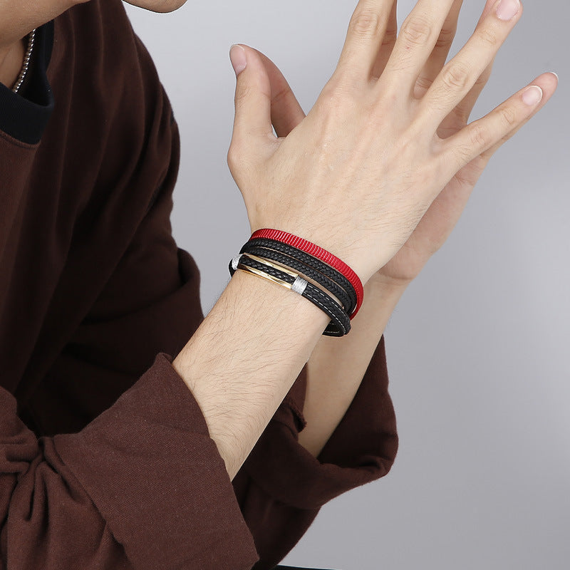 Planderful Titanium Steel Men Bracelet Multi Layer Cowhide