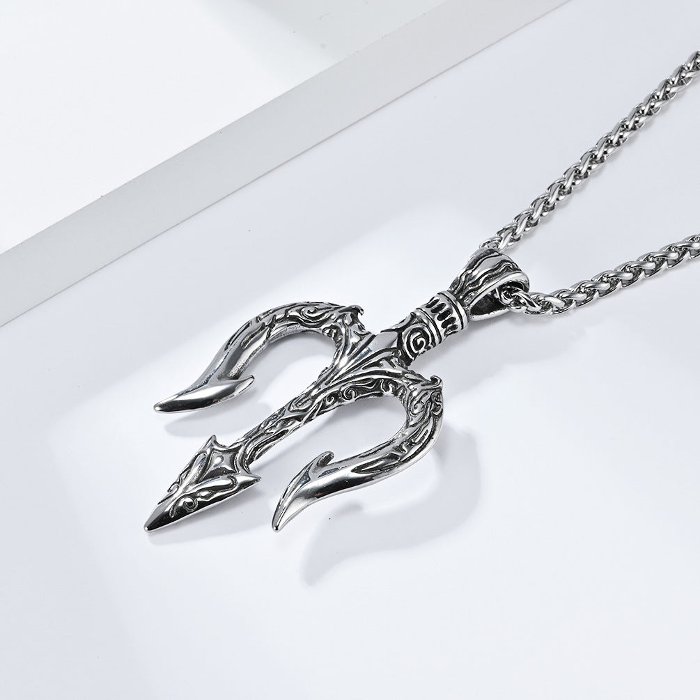 Steel Necklace - Vintage Trident Pendant For Men Everyday Hip Hop Jewelry By Planderful