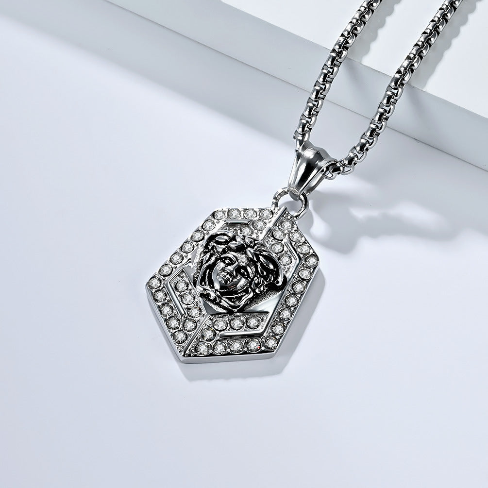 Planderful Medusa Pendant Necklace For Men Titanium Steel With Full Zircon Geometric Light Luxury
