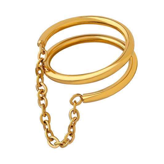 Elegant Double-Layer Chain Ring in 18K Gold-Plated Titanium Steel for Women, Retro Style