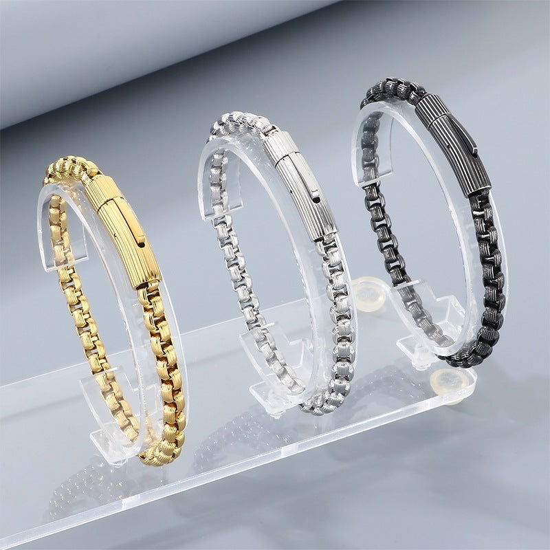 Wind Niche Design Stainless Steel Vertical Pattern Square Pearl Round Buckle Bracelet