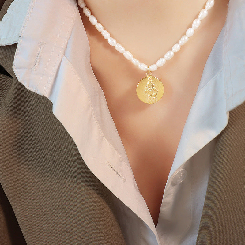 French Gold-Plated Portrait Medallion Pendant Pearl Necklace