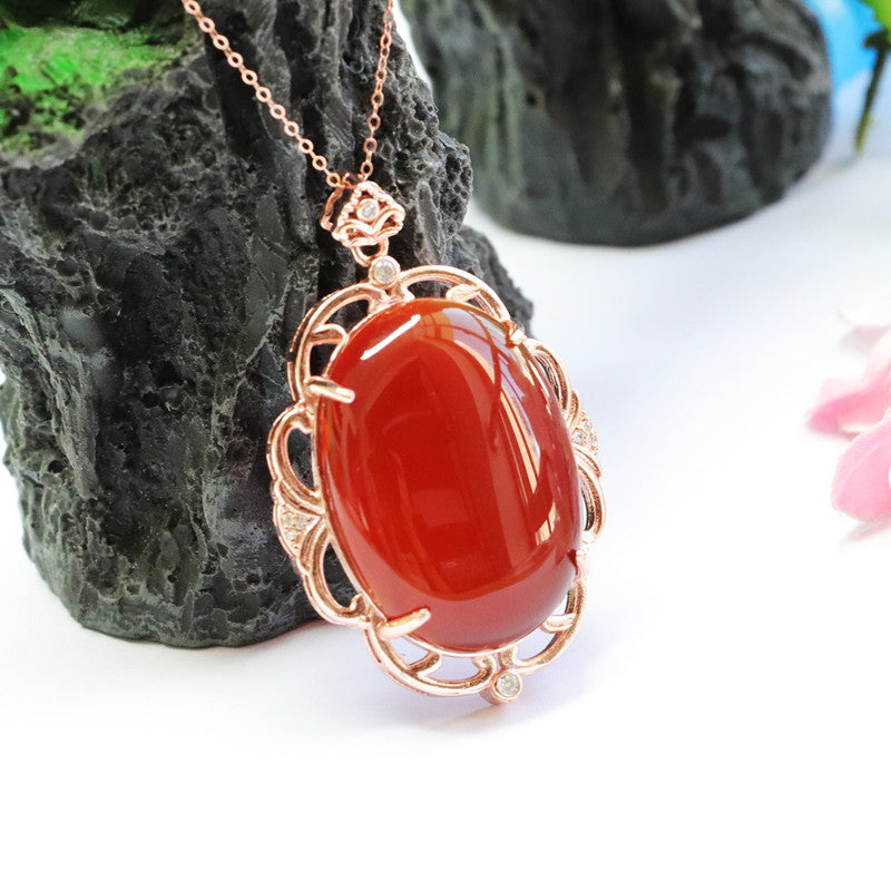 Pigeon Egg Natural Red Agate Pendant Hollow Lace Edge Rose Gold Necklace Jewelry