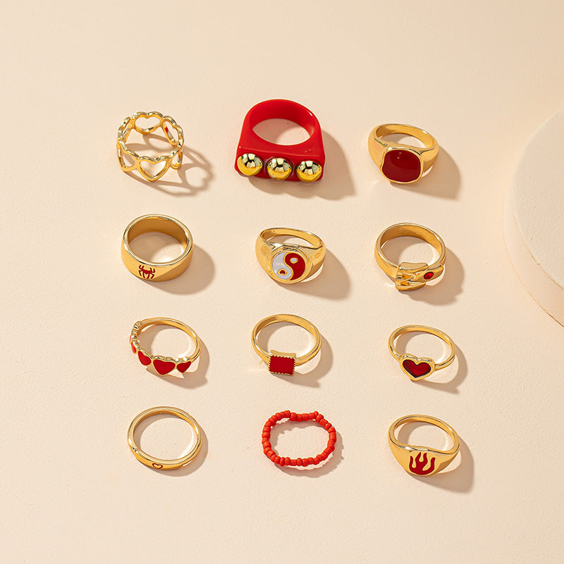 European and American Drop Glaze Love Ring Set - Street Style Hand Jewelry