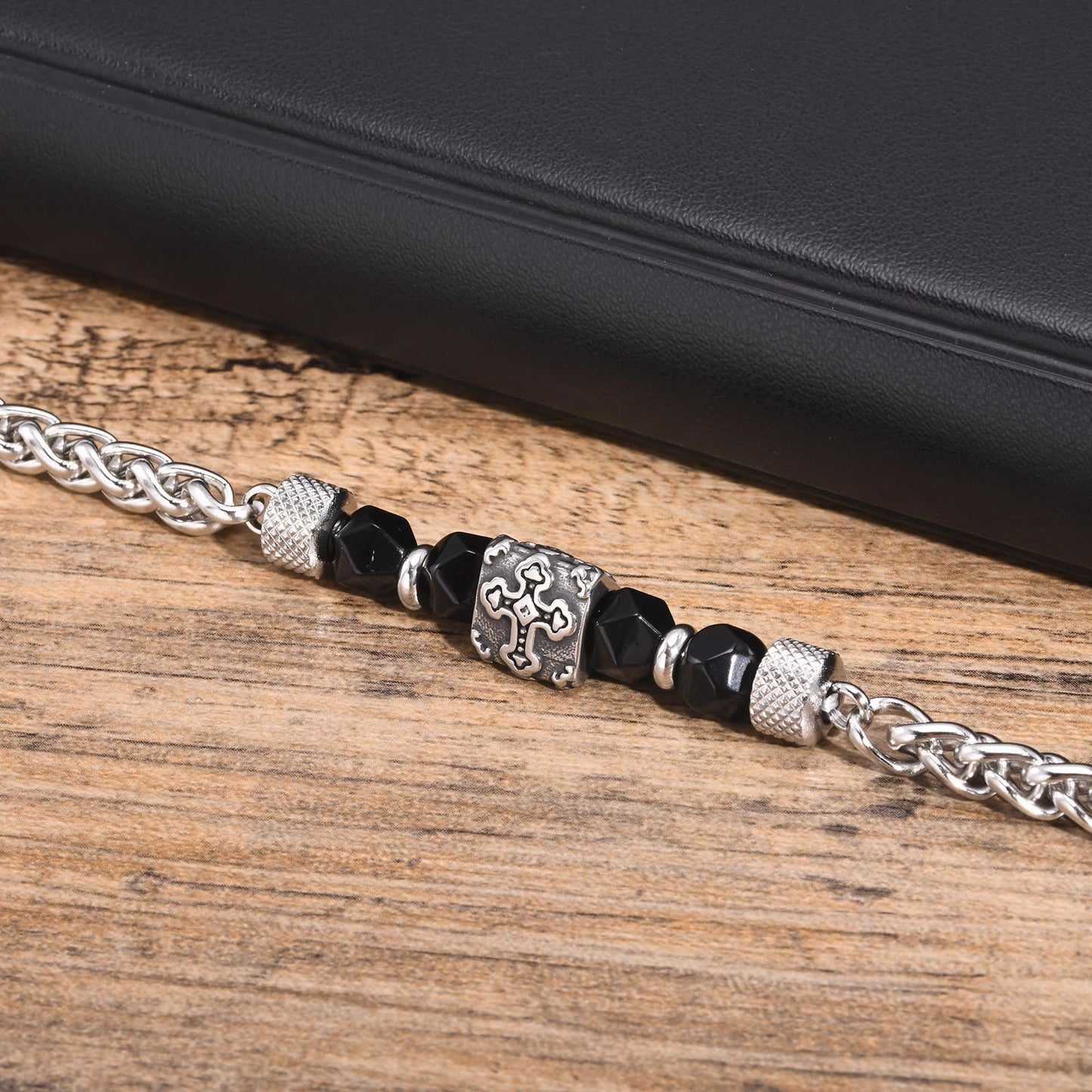 Hip Hop Stainless Steel Handmade Chain Black Bead Cross Bracelet for Men