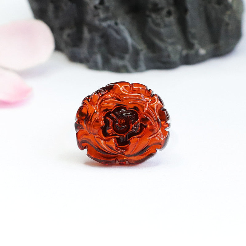 Blood Amber Peony Flower Sterling Silver Ring