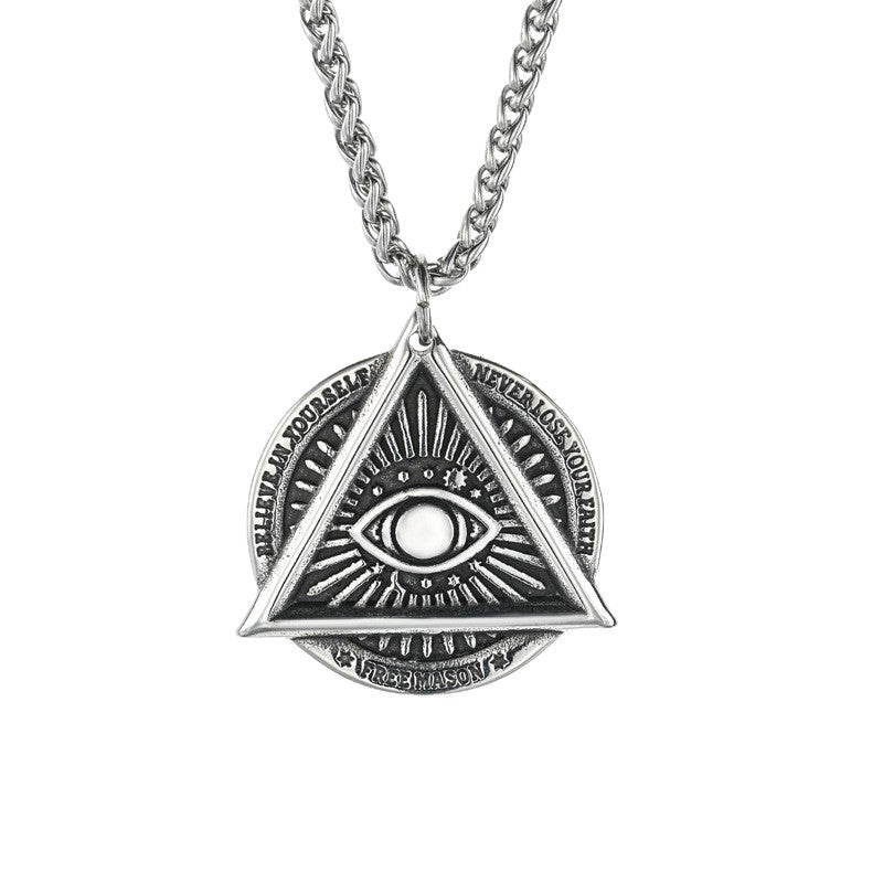 Planderful Everyday Genie Stainless Steel Devils Eye Triangle Pendant Necklace For Men Hip Hop Retro Style