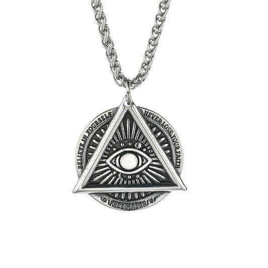 Planderful Everyday Genie Stainless Steel Devils Eye Triangle Pendant Necklace For Men Hip Hop Retro Style