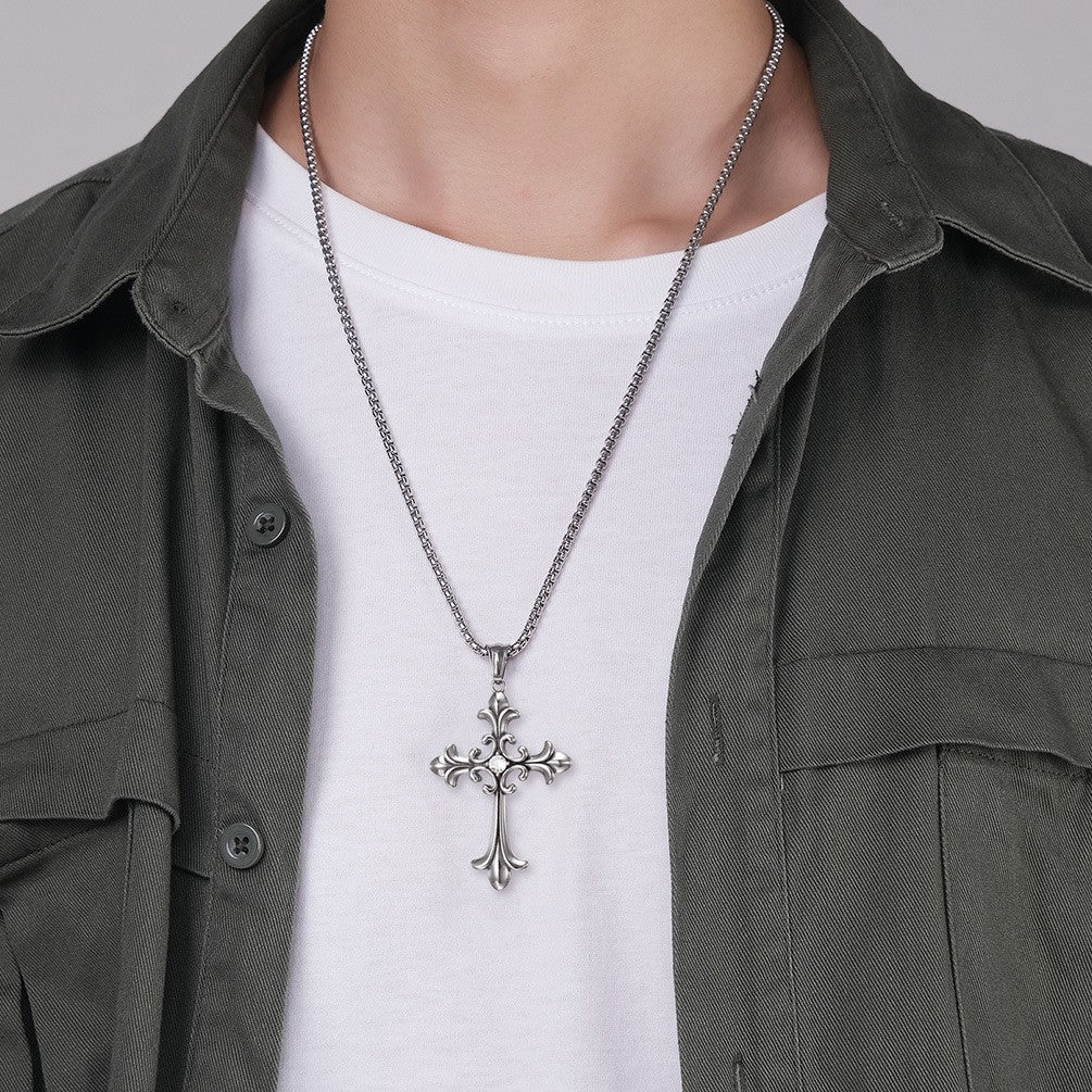 Gothic Retro Cross With Zircon Titanium Steel Pendant Necklace