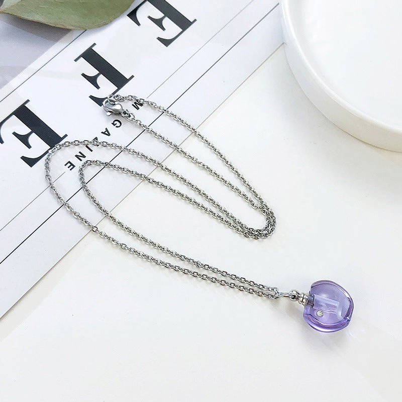 Stainless Steel Green Pink Glass Apple Urn Perfume Pendant Necklace