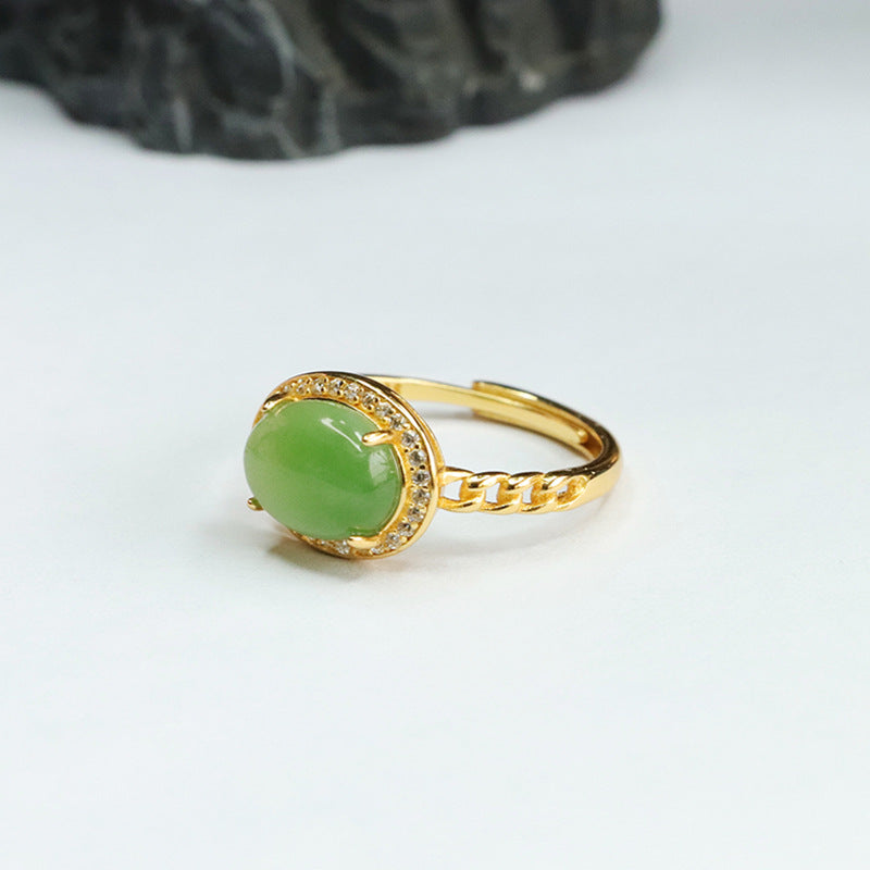 Jade Jasper Zircon Halo Ring - Adjustable Oval Silver Ring
