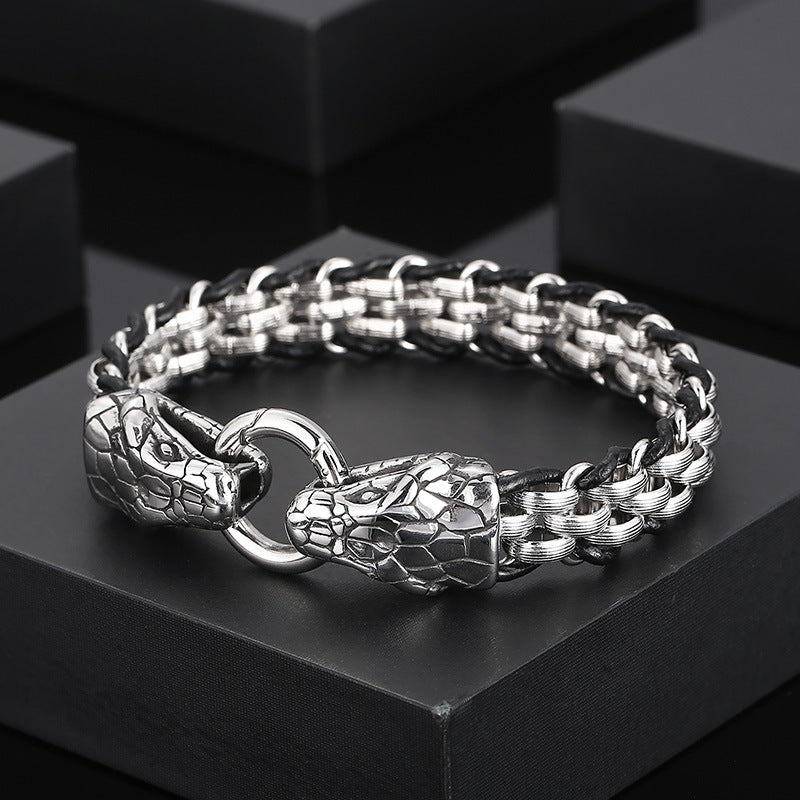 Men's Titanium Steel Woven Rhombus Bracelet with Fashion Punk Double Wolf Head Buckle
