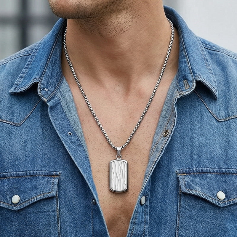 Military Brand Square Pearl Chain Necklace, And Wave Pattern Square Brand Stainless Steel