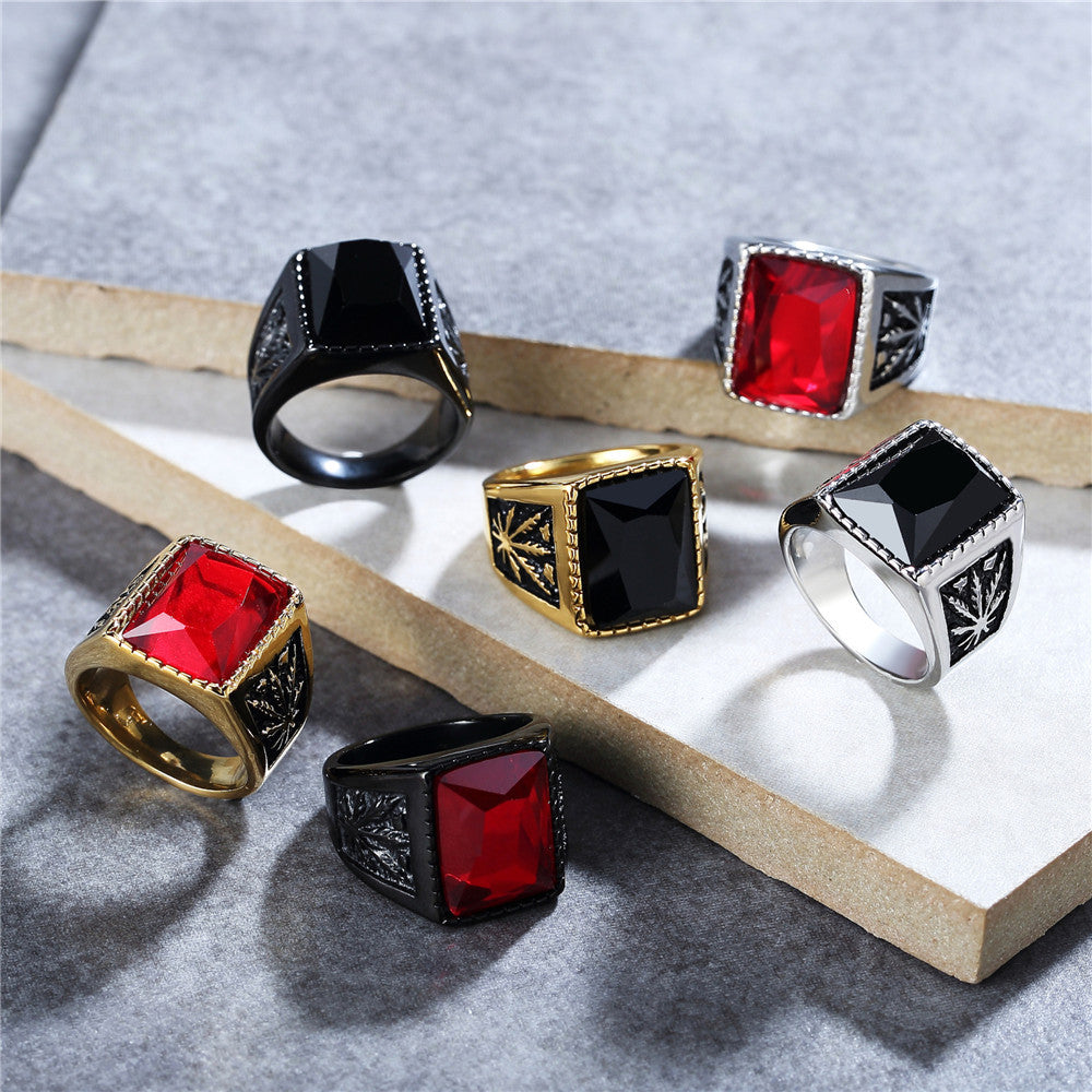 Planderful Personalized Retro Maple Zircon Titanium Steel Ring Unisex Durable Statement