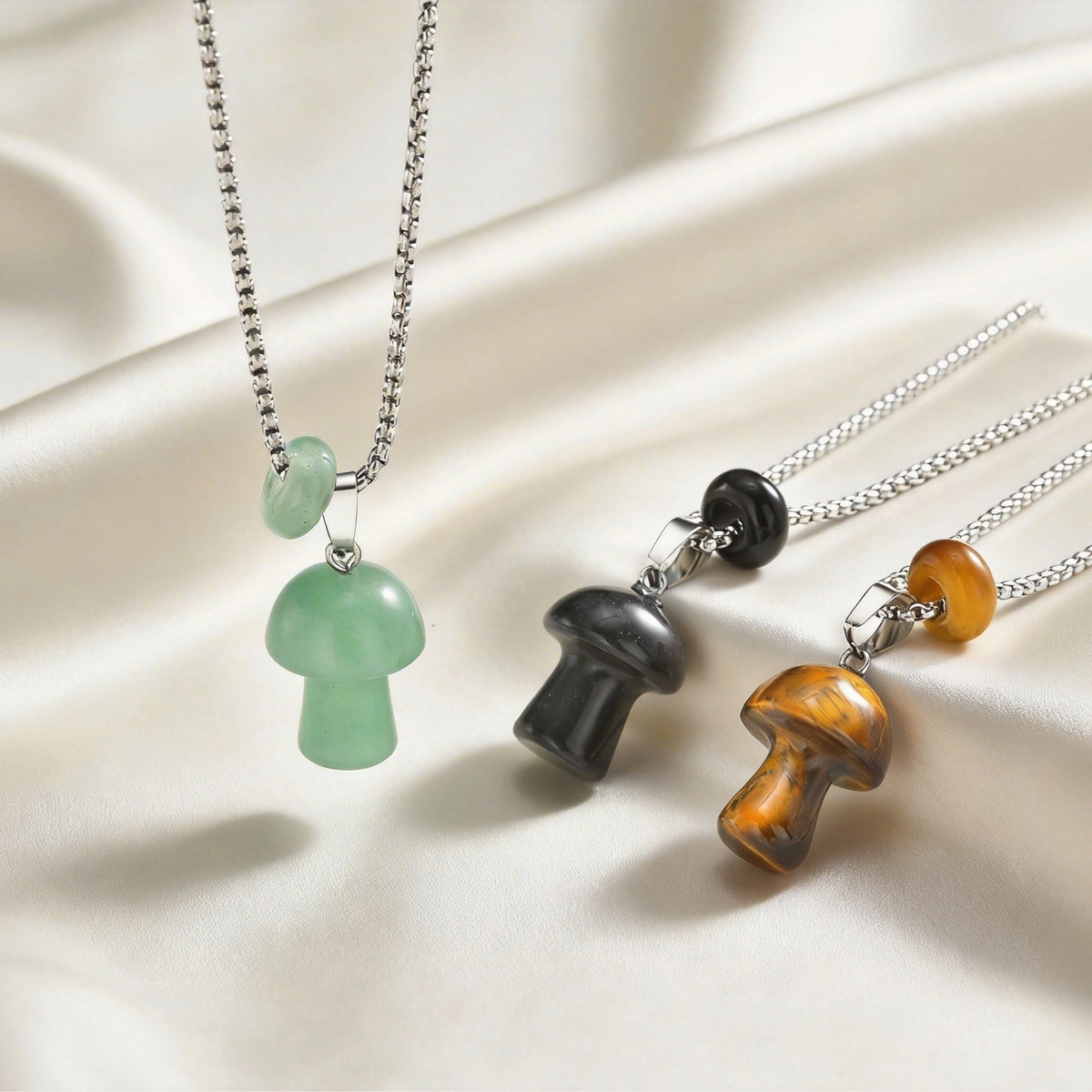 Stainless Steel Natural Tiger's Eye Stone Obsidian Mushroom Necklace Daily