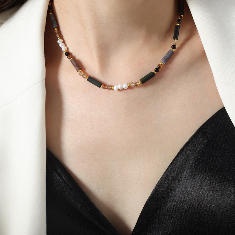 Luxurious Handmade Freshwater Pearl Necklace with Natural Stone Beads for Women