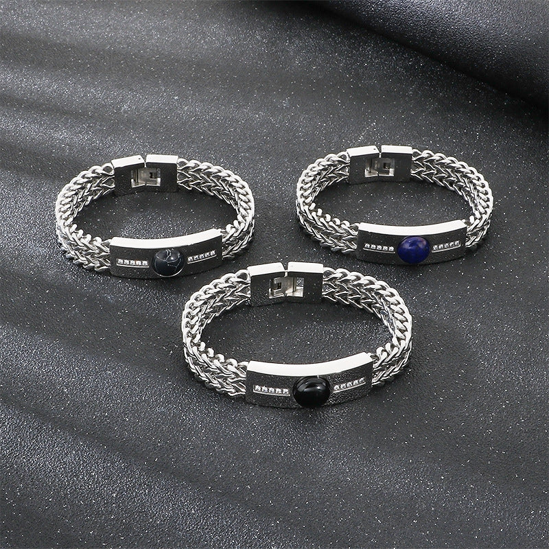 Blue Gold Black Pine Obsidian Inlaid Zircon Curved Bar Front & Back Chain Stainless Bracelet