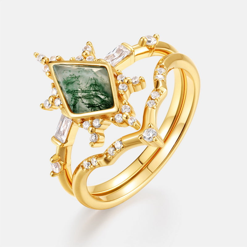 Planderful Jewelry Green Moss Agate Ring In Sterling Silver With Gold Plating For Everyday Elegance