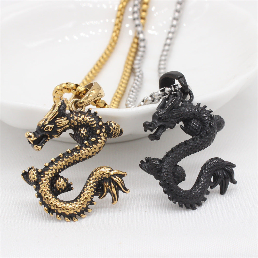 Retro Chinese Zodiac Dragon Pendant - Unisex Punk Fashion Accessory in Titanium Steel