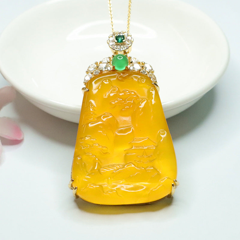Golden Landscape Chalcedony Zircon Necklace with Sterling Silver