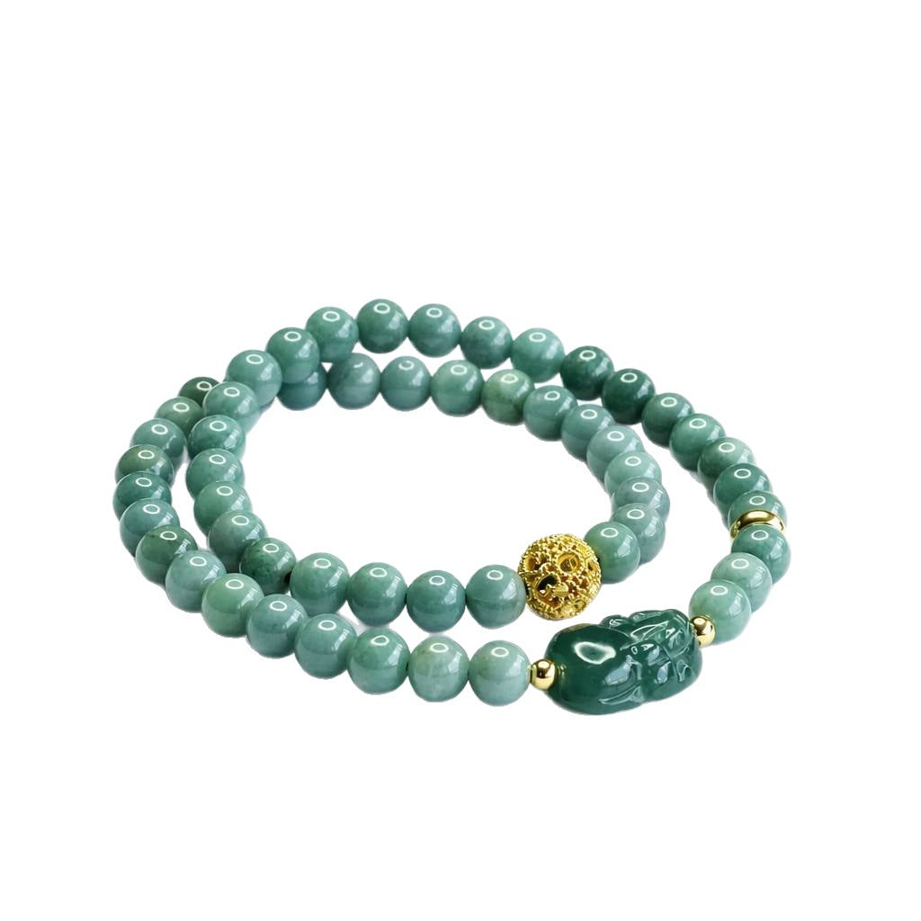 Blue Water Jadeite Pixiu & Double-Wrap Beaded Bracelet