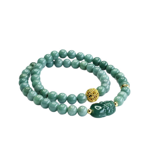 Blue Water Jadeite Pixiu & Double-Wrap Beaded Bracelet
