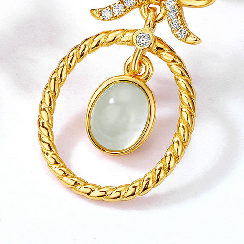 S925 Sterling Silver Gold-Plated Prehnite Vintage-Inspired Stud Earrings