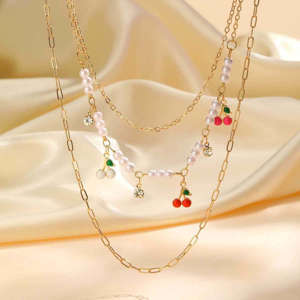 Layered Cherry Charm & Pearl Necklace