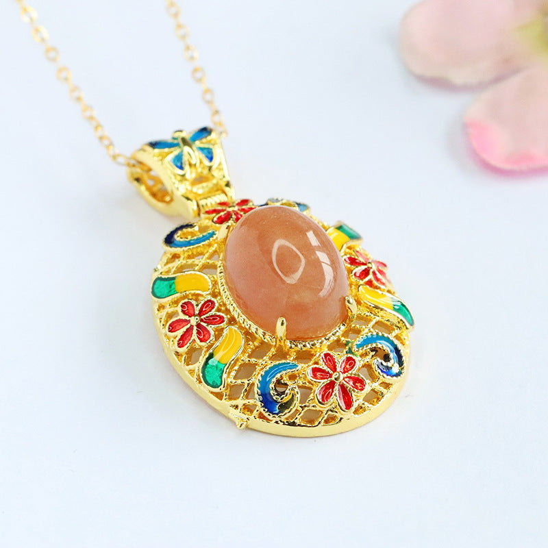 Orange Moonstone Enamel Petal Pendant — No Chain