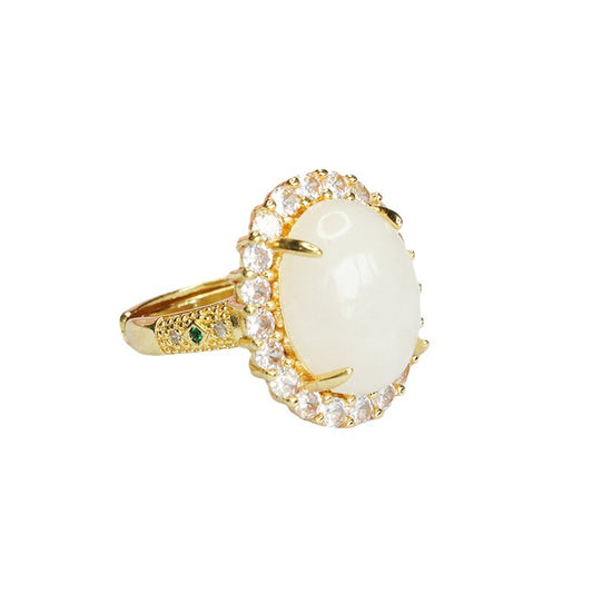 White Hetian Jade Zircon Halo Ring
