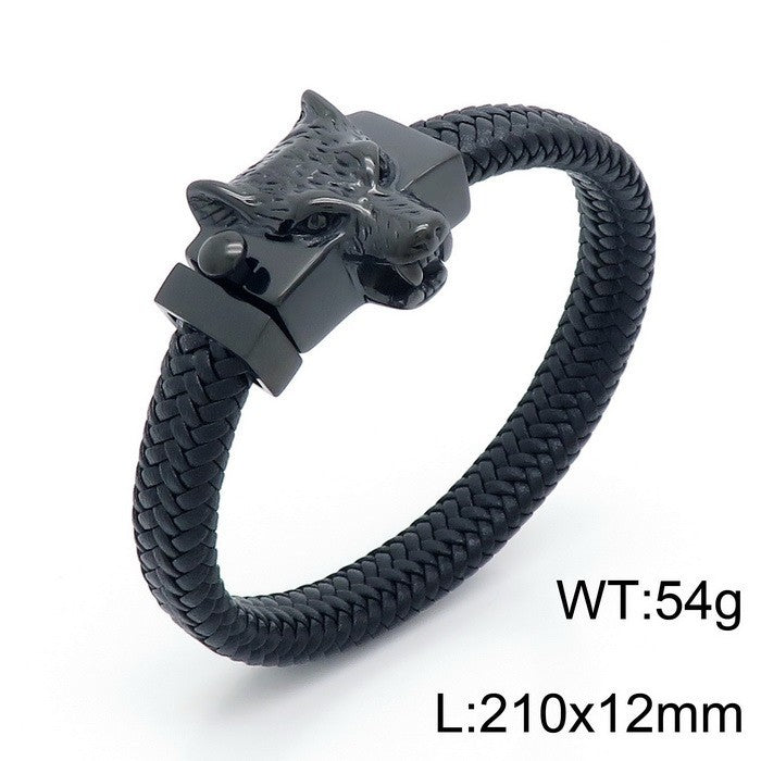Planderful Wolf Head Leather Bracelet For Men Personalized