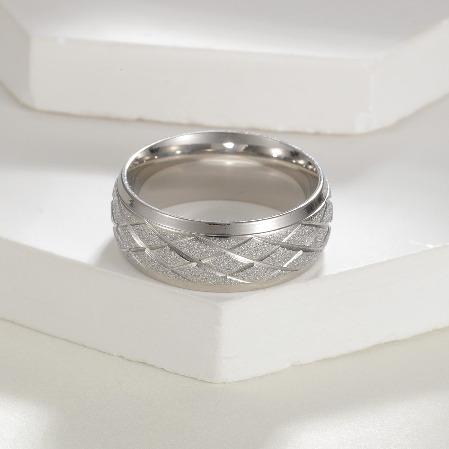 Planderful Everyday Genie Titanium Steel Ring Unisex Matte Rhombus Line Design Statement