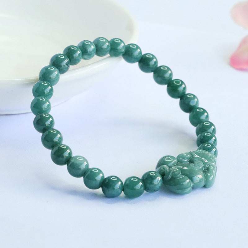 Blue Water Jadeite Pixiu & Round Bead 6 mm Bracelet