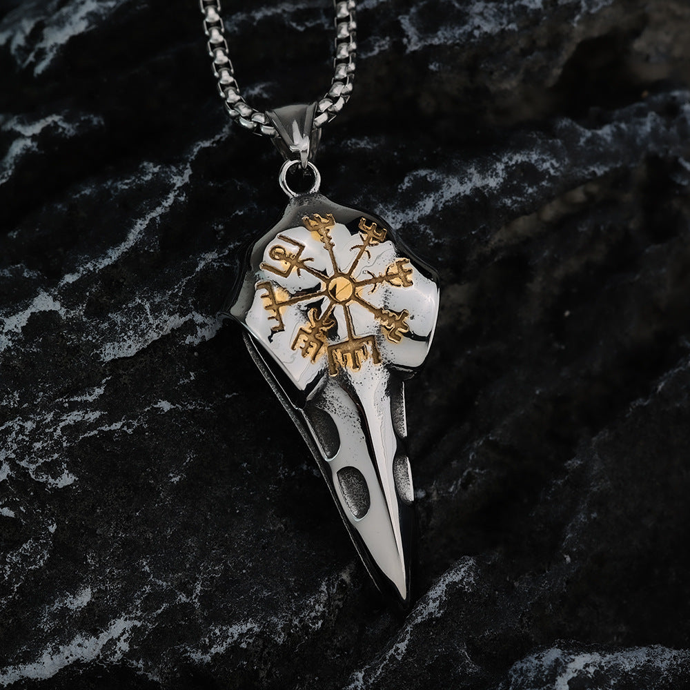 Vintage Stainless Steel Men's Pendant Viking Crow Compass Necklace