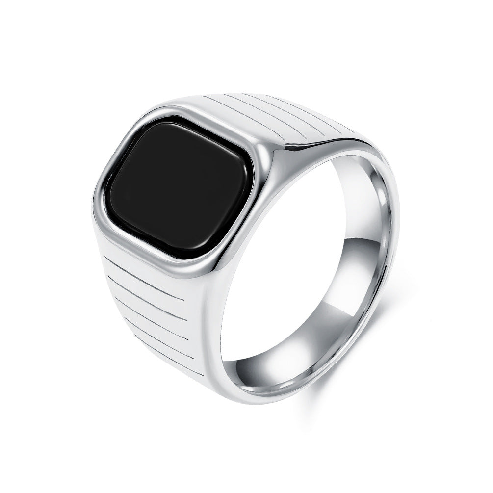 Planderful Men Titanium Steel Ring With Black Glass Gem Minimalist Fashion Ring For Everyday Wear