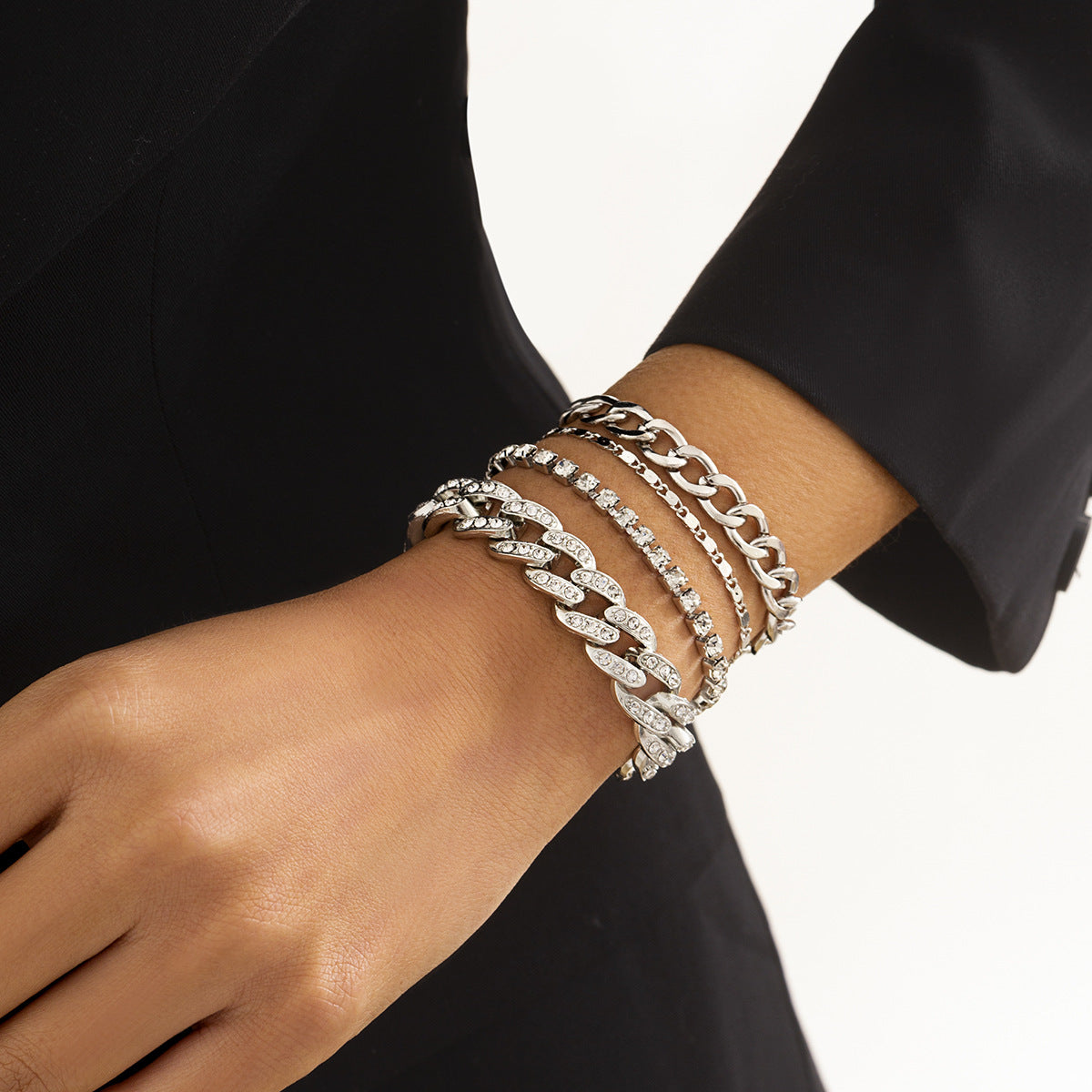 Planderful Vienna Verve Cuban Link Bracelet Set For Women Dark Zircon Punk Stacked Chains Statement