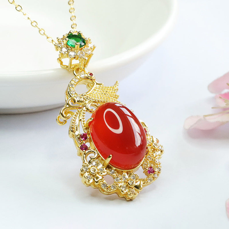 Oval Red Agate Phoenix Pendant Zircon Necklace