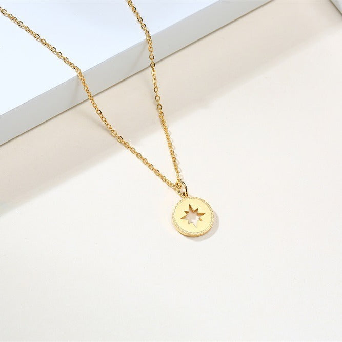 Stainless Steel Hollowed Out Star Round Pendant Necklace for Women