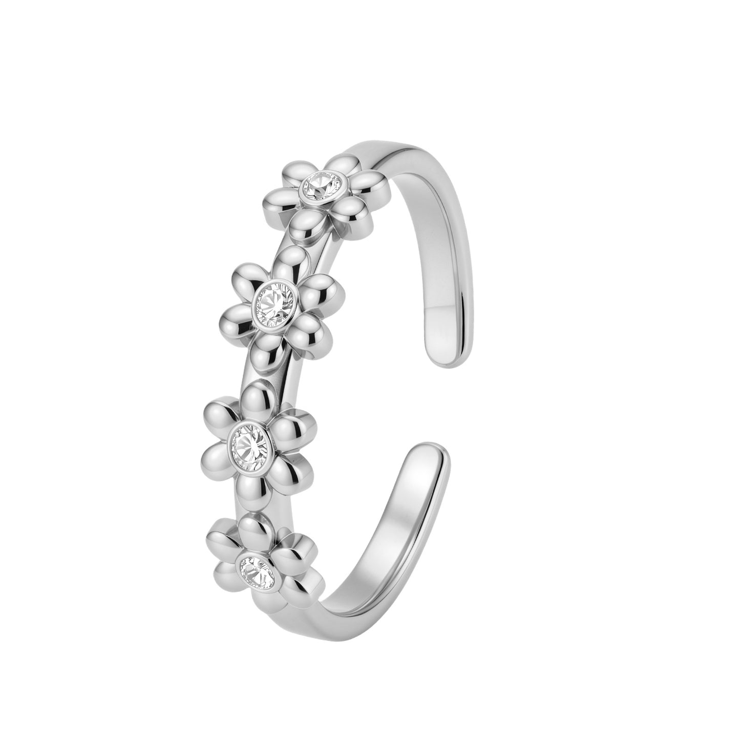Planderful Zircon Flower Stainless Steel Ring Adjustable Opening For Women And Teens Everyday Wear