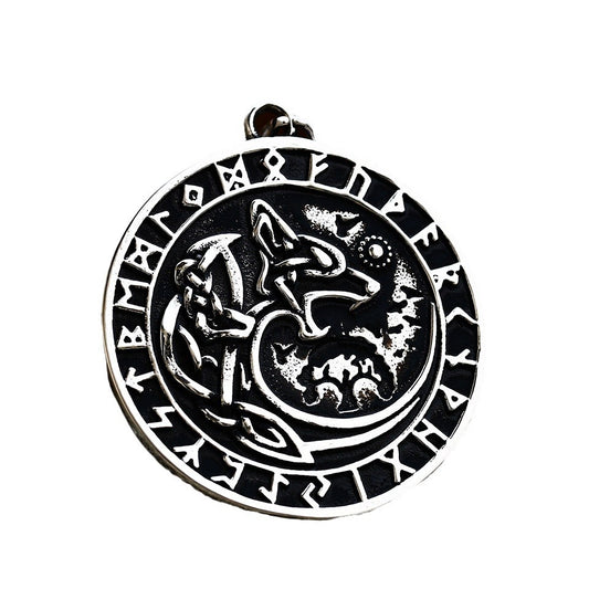 Titanium Steel Viking Wolf Head Pendant with Retro Luhn Letter Design for Men