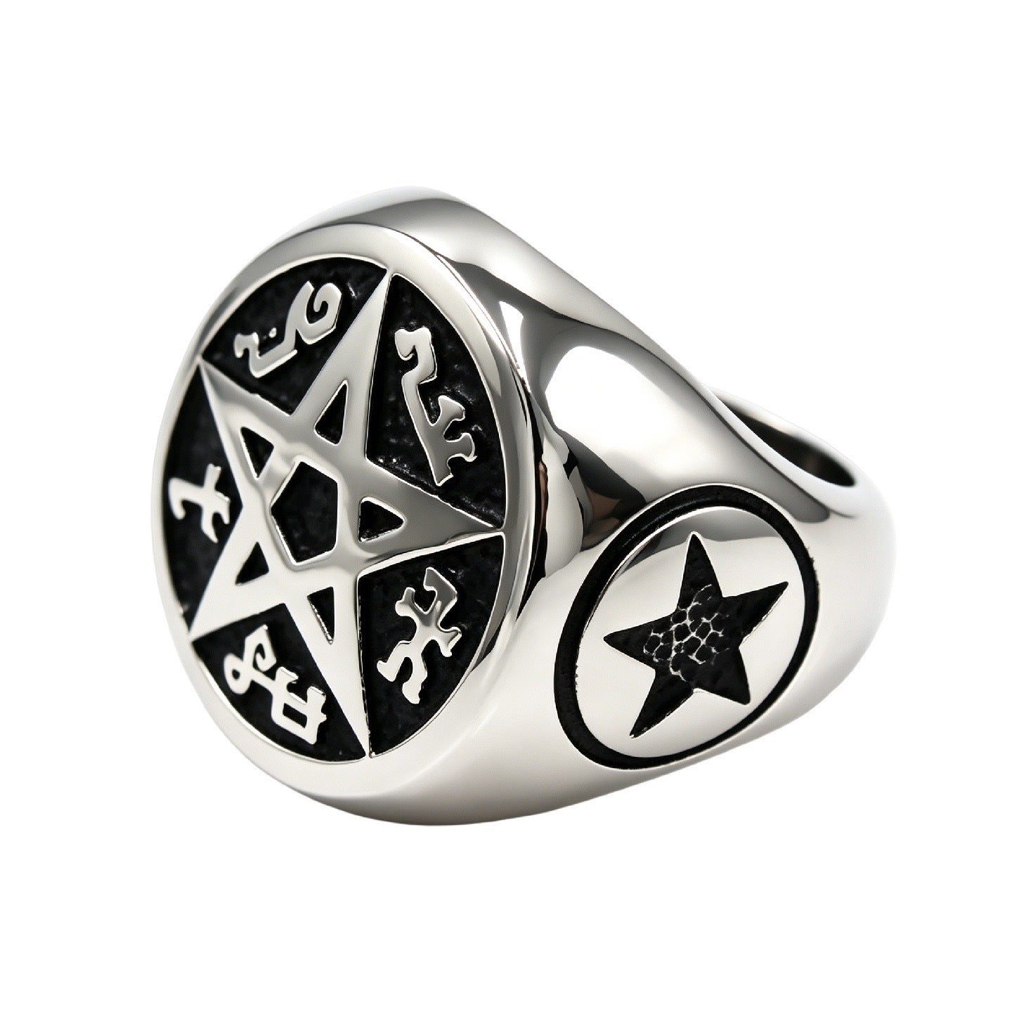 Planderful Titanium Steel Ring For Men Unisex Retro European American Style With Five Star Alien Text
