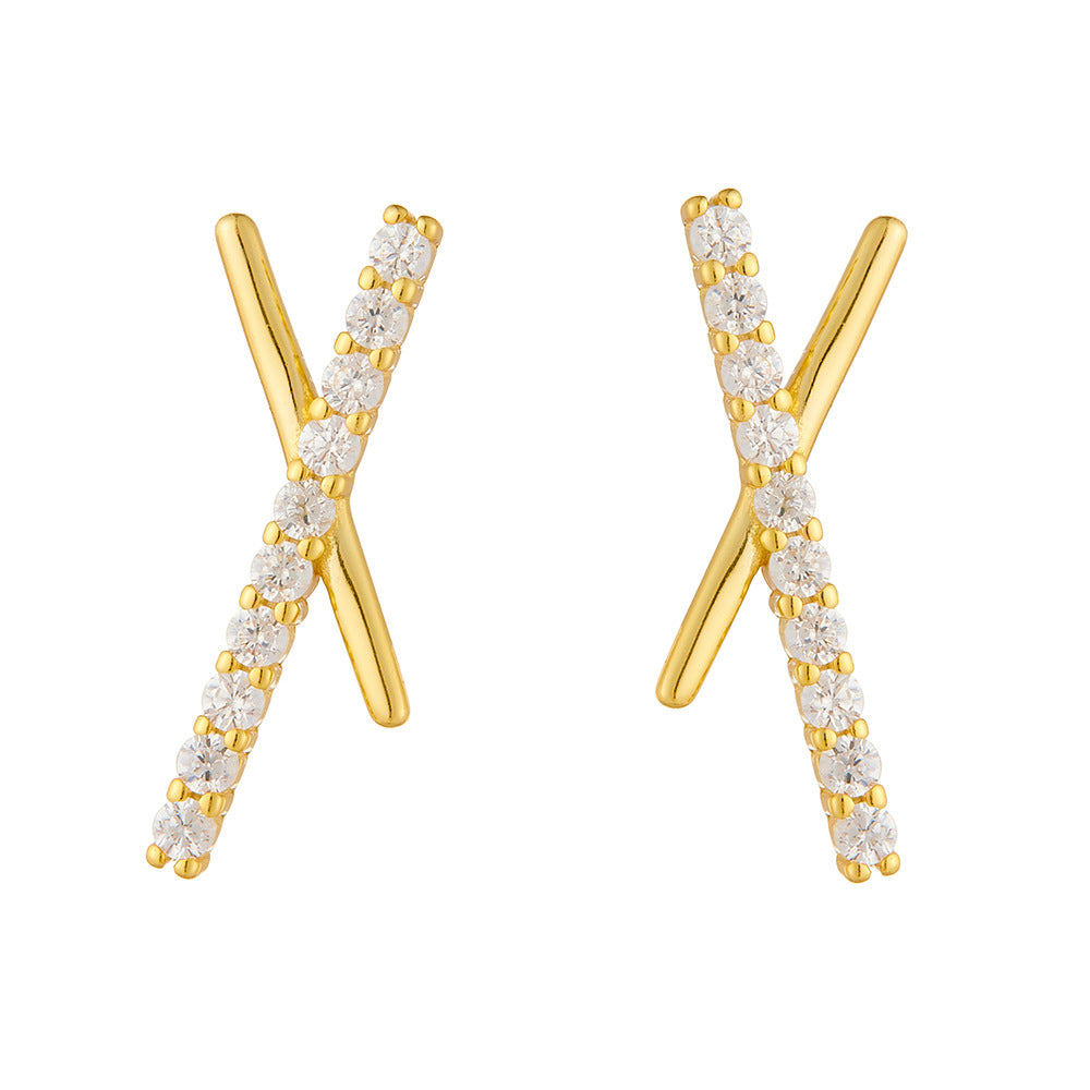 S925 Sterling Silver Geometric Cross Letter X Zircon Stud Earrings