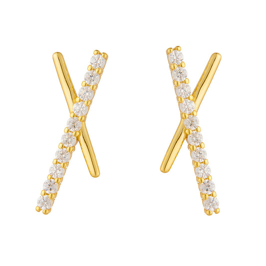 S925 Sterling Silver Geometric Cross Letter X Zircon Stud Earrings