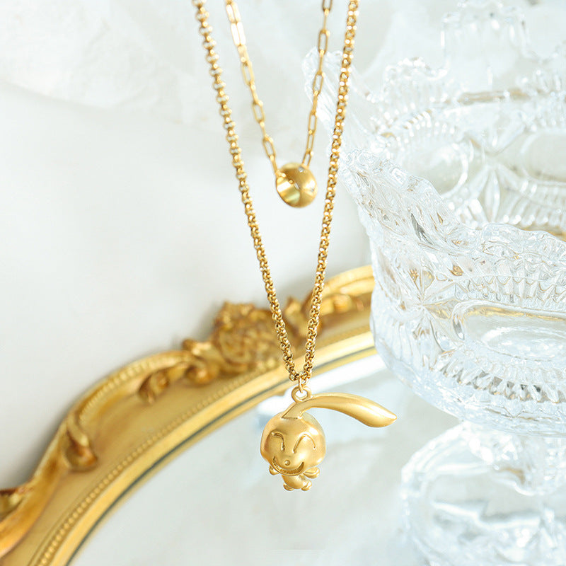 Rabbit Pendant Necklace with Chinese Zodiac Symbol in Gold-Plated Titanium Steel