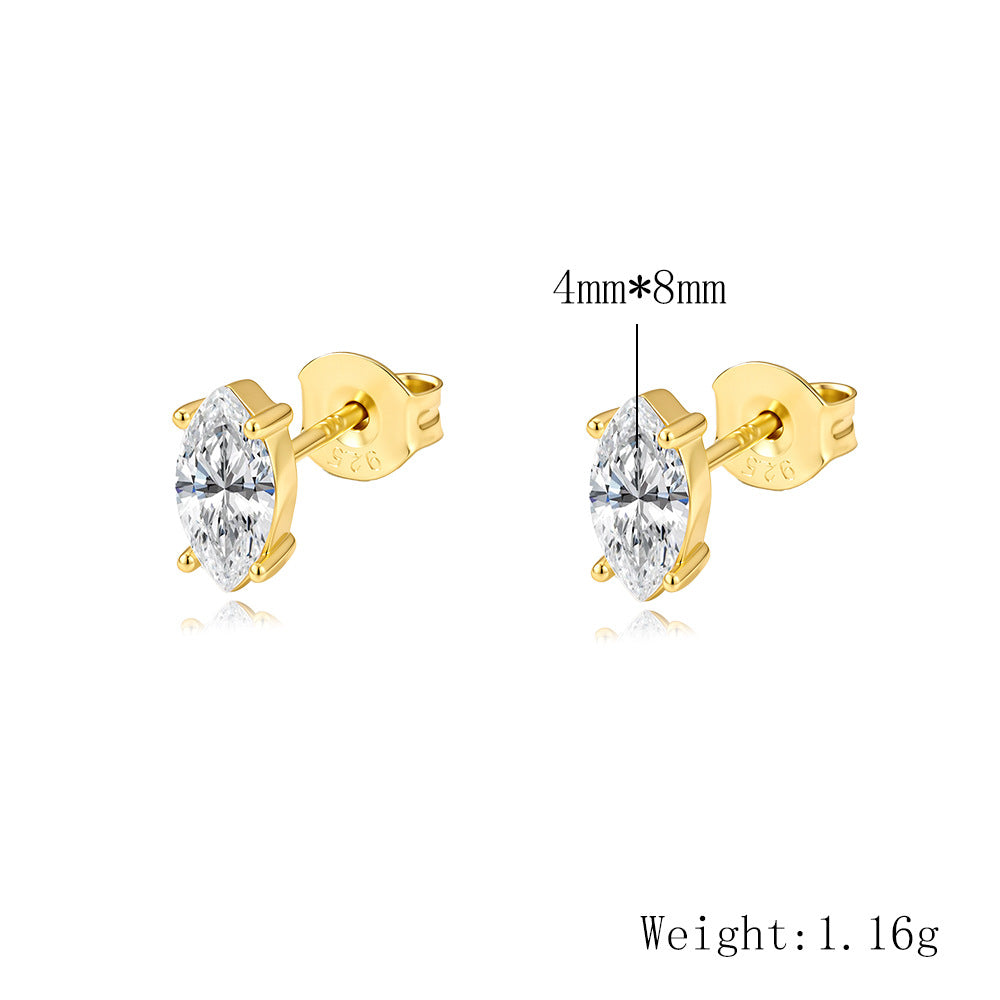 S925 Sterling Silver Horse Eye Zircon Stud Earrings Super Flash Fresh Trend Earrings