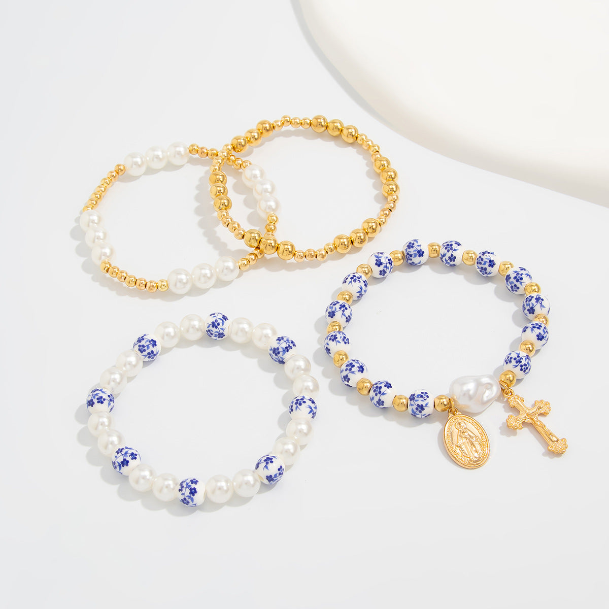 Blue And White Porcelain Beaded Bracelet With Elegant Cross Portrait Pendant For Women By Planderful Vienna Verve